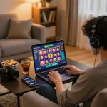 Engaged in a slot gacor game on a laptop at home, showcasing vibrant gaming action and cozy ambiance.