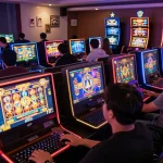 Players spinning slot thailand games at home, celebrating wins with excitement