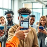 instagram フォロワー 買うと増やすテクニックを示す、スマートフォンを操作する人々のシーン。