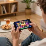 Engaging in mobile gaming with slot bonus new member 100 showing on the screen, person enjoying a cozy evening.