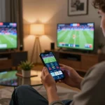 Person using a mobile app for betting on siti scommesse esteri, focused on sports events with multiple screens in view.