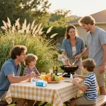 A family enjoying a summer barbecue, featuring mosquito repellent spray on the table for protection against bites.