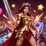 Engage with dynamic casino thrills on rokok88 with a warrior queen and her glowing wolf companion.