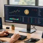 Bitcoin cloud mining analytics on a state-of-the-art trading workspace with digital wallet integration.