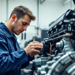 Technician examining Approved Engines with precision tools in a bright, modern workshop.