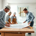 Bathroom builders discussing a renovation project, showcasing teamwork and professionalism.