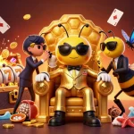 Play slot games with depo 10k for thrilling action; exciting cartoon characters in a lively casino setting.