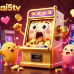 Catch the excitement with keonhacai5tv as the golden slot machine celebrates a jackpot, surrounded by cheering baby machines.