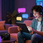 Engaging in nsfw ai chat with a lifelike AI character in a vibrant virtual lounge setting.
