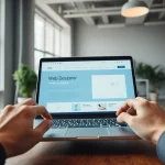 Designing an engaging edmonton web design on a laptop in a modern workspace.