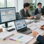 Ruang kerja auditor forensik profesional di aafikotabandungb.org dengan dokumen dan perangkat digital.