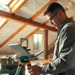 Technician assessing spray foam survey fail during inspection in an attic.