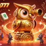 Experience the excitement of mahjong777 with a vibrant 3D casino scene featuring golden owls, mahjong tiles, and festive elements.