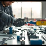 Engaging hydraulic cylinder repair setup showcasing a technician at work with essential tools.