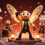 Bayi toto thrilling slot action with cartoon characters celebrating amidst gold coins and glowing gems.