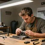 Craftsman at https://precisionglockslides.com assembling a custom Glock slide in a detailed workshop.