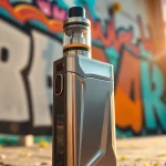Engaging close-up of an orion vape device set against vibrant urban artwork.