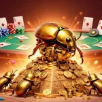 Experience thrilling casino action with sun-themed golden beetles and poker elements.