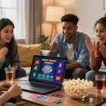 Exciting group of friends exploring credit card casinos online in a cozy living room.