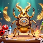 rokok88 features a giant beetle in a casino-themed boxing match, showcasing vibrant game elements.