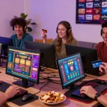 Exciting gaming atmosphere at scoarch.org.uk showcasing players using credit cards at online casinos.