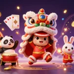 Experience the excitement of M88 asia with vibrant illustrations of a lion dance and gambling games.