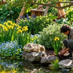 Marginal Pond Plants flourishing around a serene garden pond, showcasing vibrant colors and tranquility.