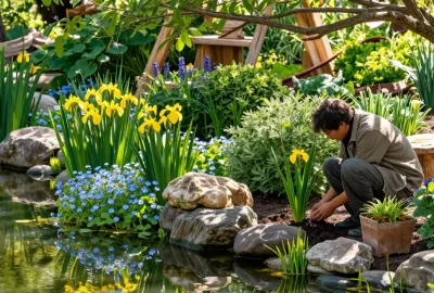Marginal Pond Plants flourishing around a serene garden pond, showcasing vibrant colors and tranquility.