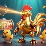 Engage with educational resources in this vibrant casino-themed 3D illustration featuring a golden robot.